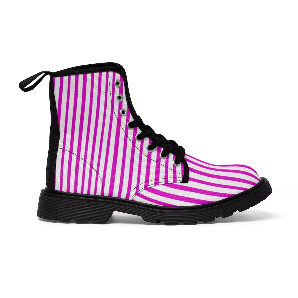 Pink Striped Women's Canvas Boots, Best Hot Pink White Stripes Winter Boots For Ladies