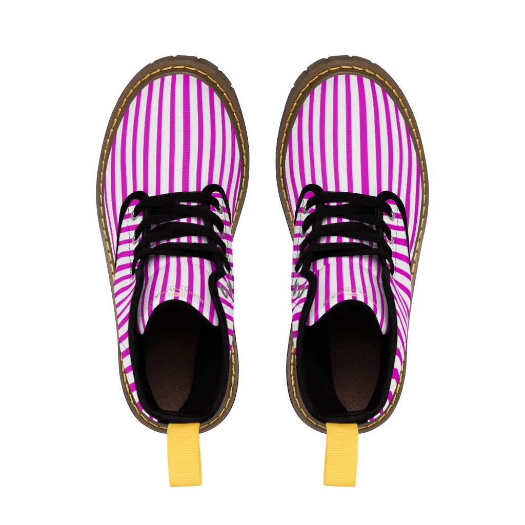 Pink Striped Women's Canvas Boots, Best Hot Pink White Stripes Winter Boots For Ladies