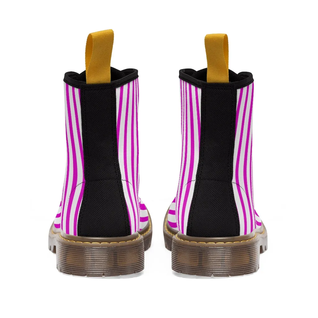 Pink Striped Women's Canvas Boots, Best Hot Pink White Stripes Winter Boots For Ladies