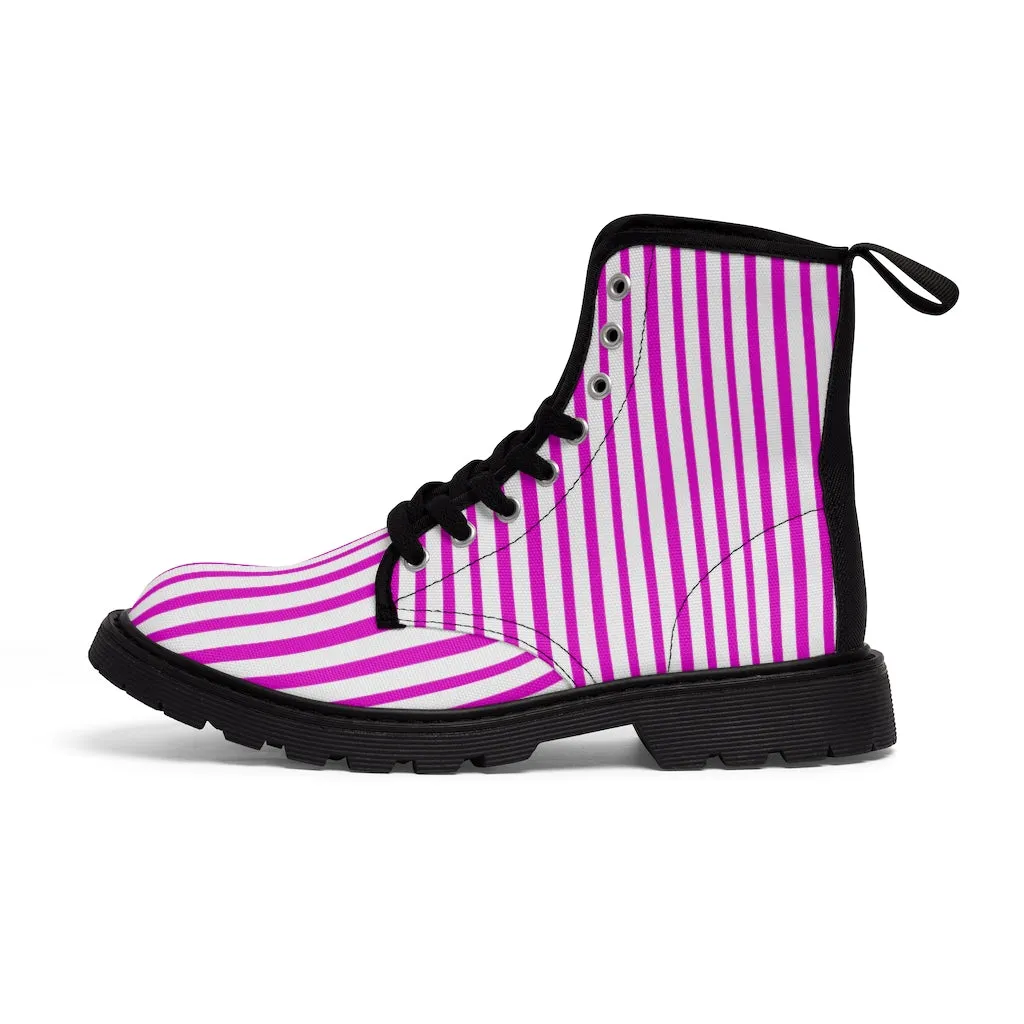 Pink Striped Women's Canvas Boots, Best Hot Pink White Stripes Winter Boots For Ladies