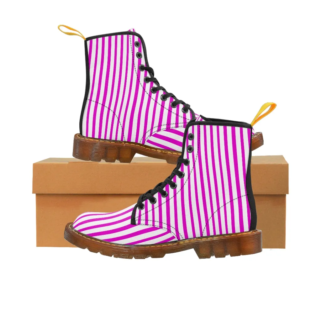 Pink Striped Women's Canvas Boots, Best Hot Pink White Stripes Winter Boots For Ladies