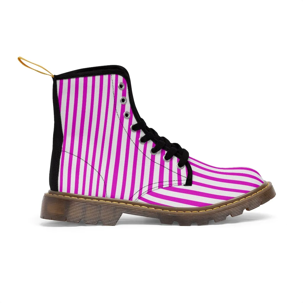Pink Striped Women's Canvas Boots, Best Hot Pink White Stripes Winter Boots For Ladies