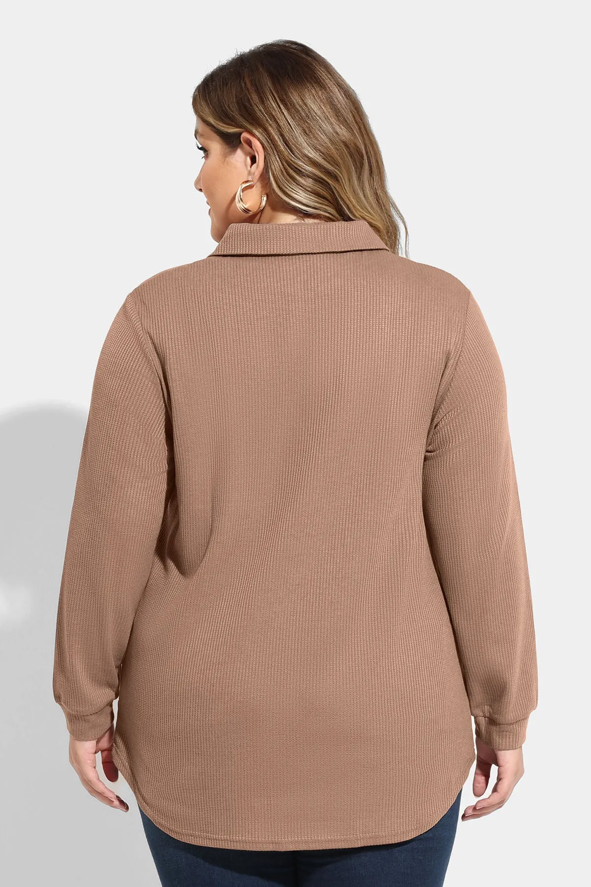 Plain Button Notched V Neck Pocket Knit Shirt