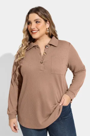 Plain Button Notched V Neck Pocket Knit Shirt