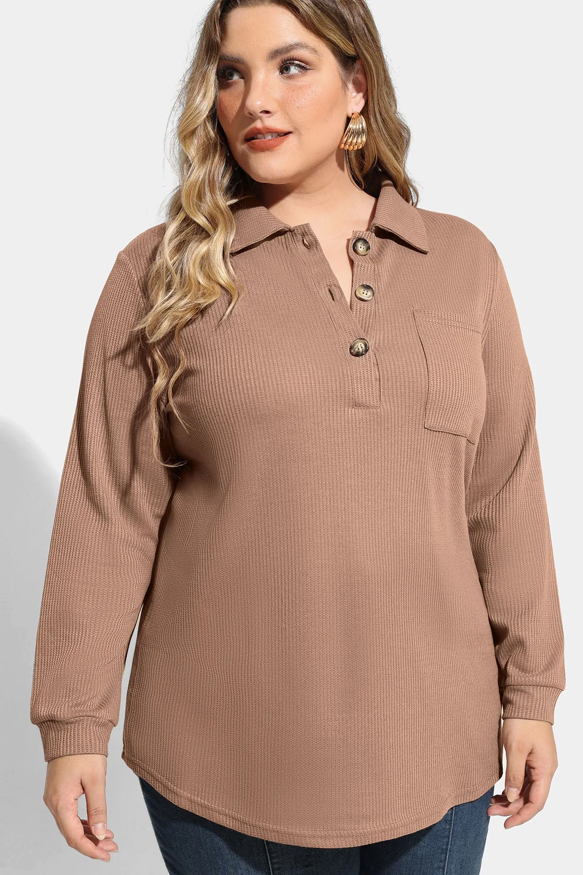 Plain Button Notched V Neck Pocket Knit Shirt