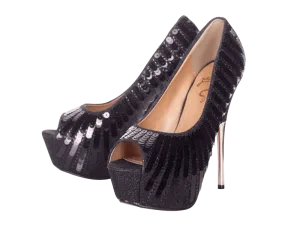 Playgirl Black Sequin Peep Toe Pump Shoes