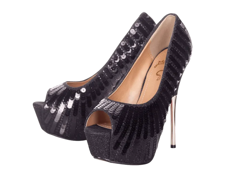 Playgirl Black Sequin Peep Toe Pump Shoes