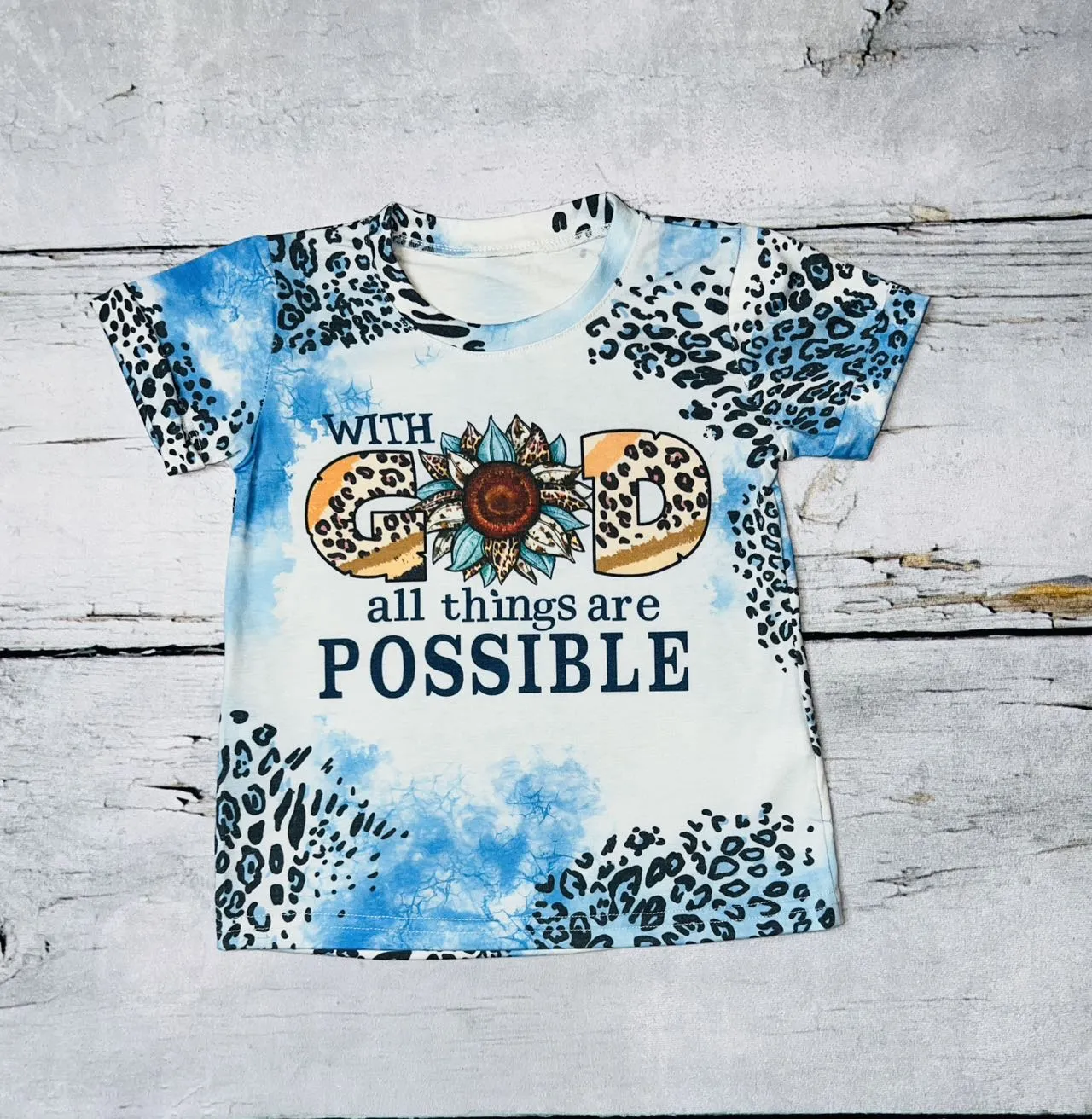 "With God All Things Are Possible" bleached blue animal print short sleeve t-shirt DLH0923-08