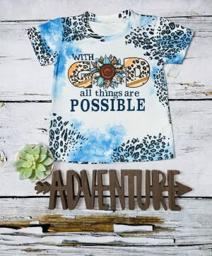"With God All Things Are Possible" bleached blue animal print short sleeve t-shirt DLH0923-08