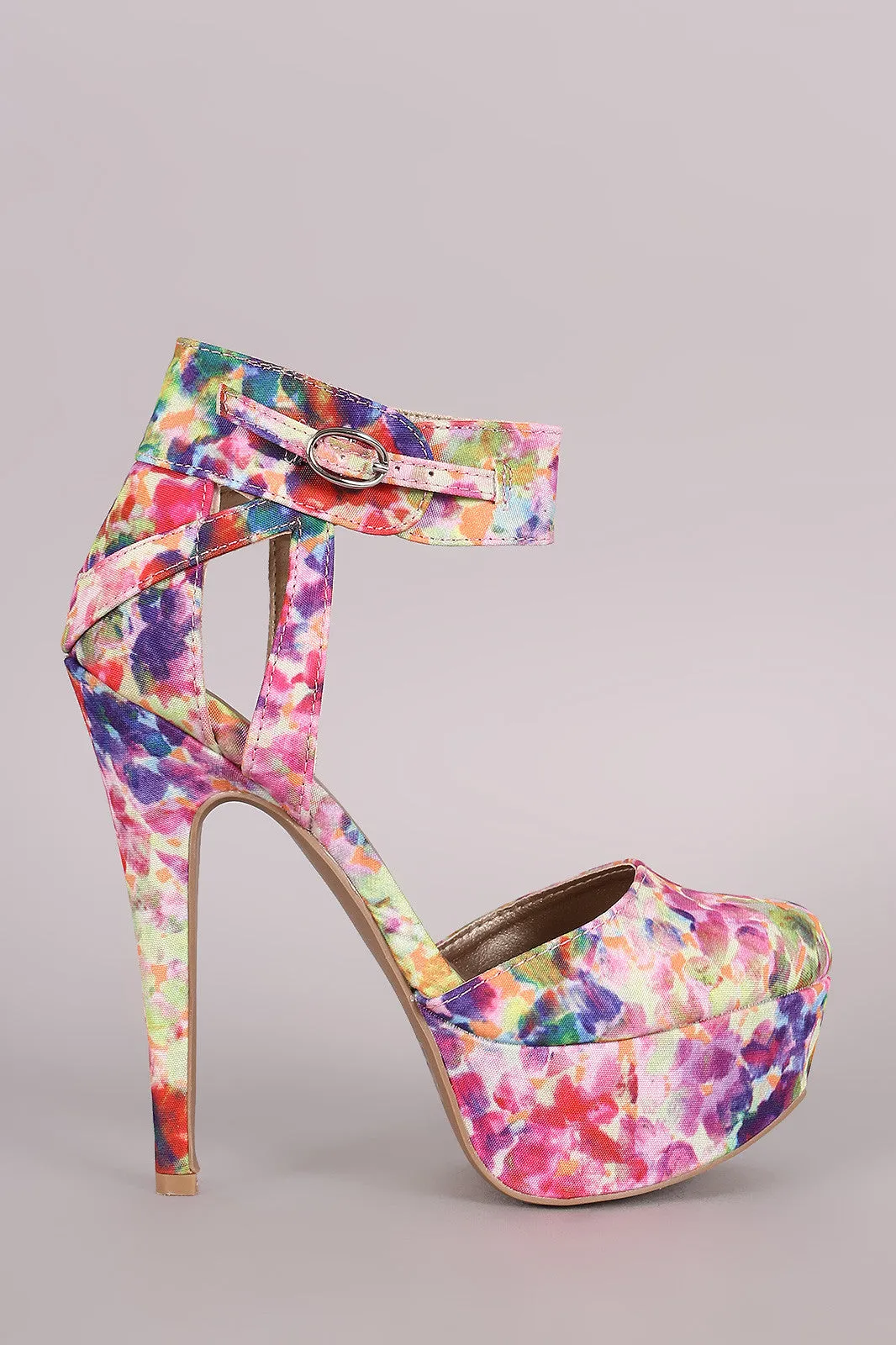 Qupid Abstract Watercolor Ankle Cuff Platform Pump