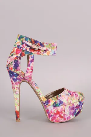 Qupid Abstract Watercolor Ankle Cuff Platform Pump