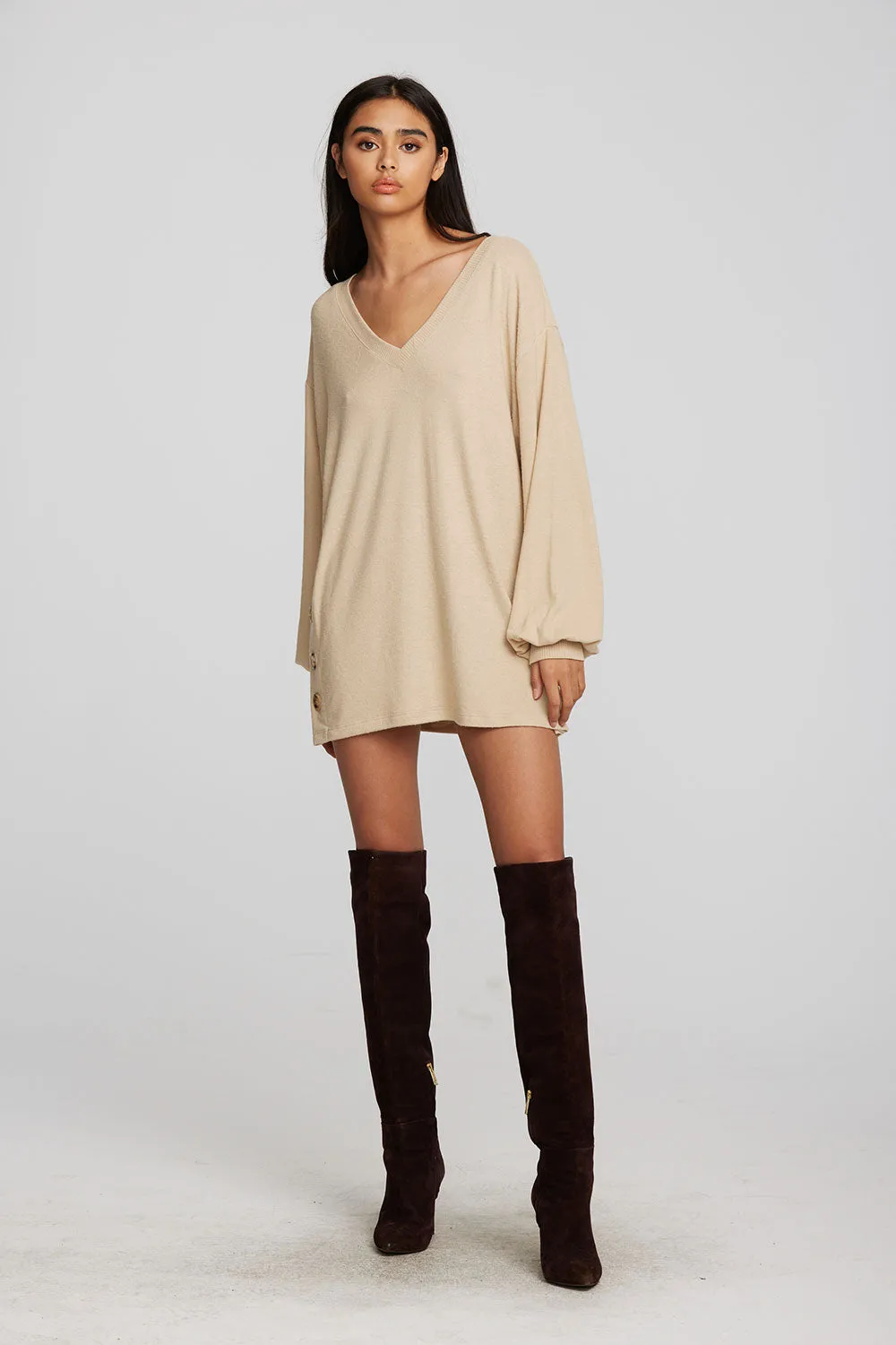 Recycled Bliss Knit V-neck Tunic with Button Side Seam