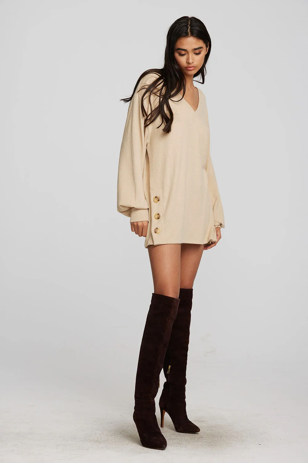 Recycled Bliss Knit V-neck Tunic with Button Side Seam