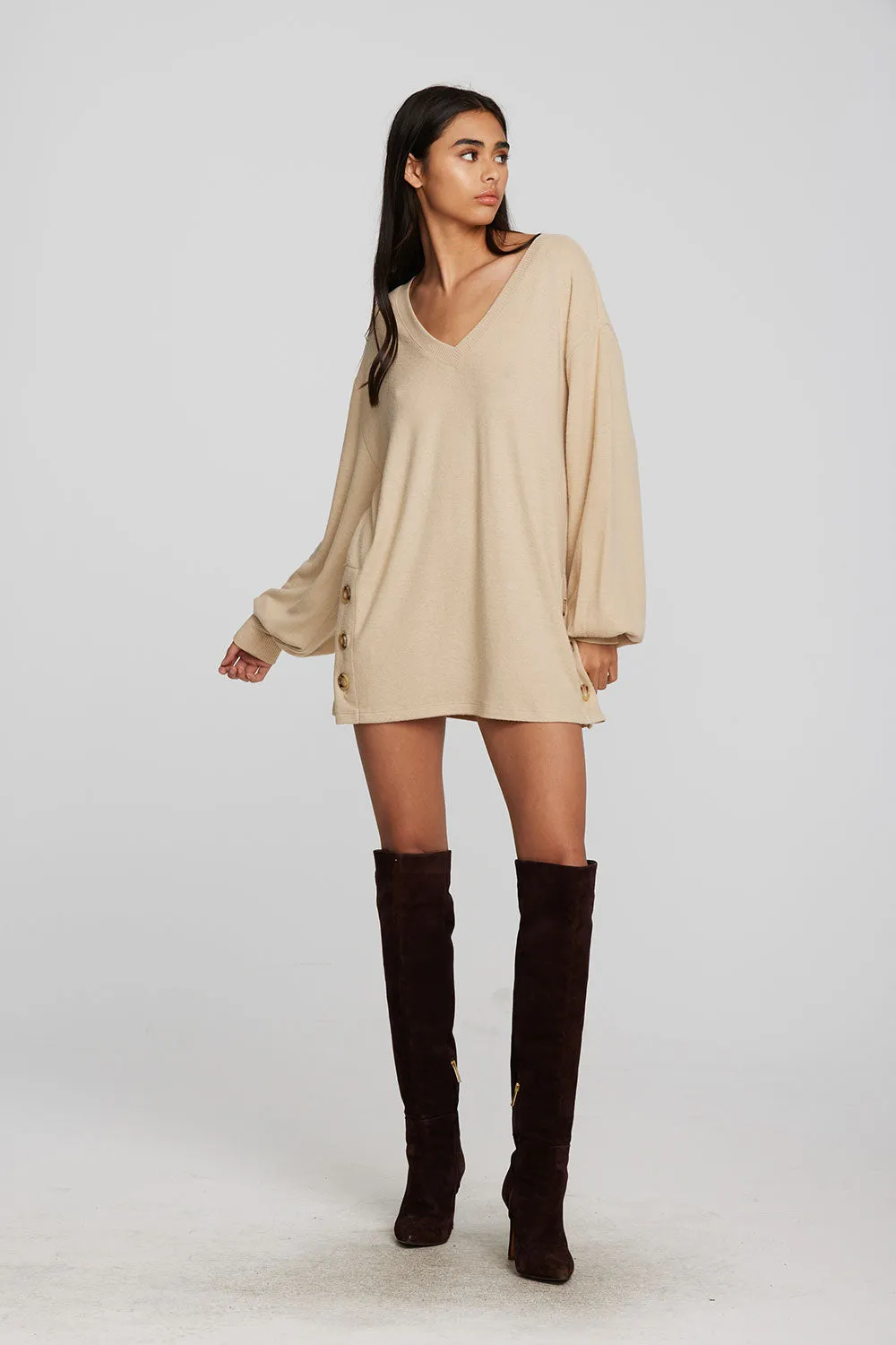 Recycled Bliss Knit V-neck Tunic with Button Side Seam
