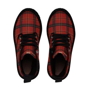 Red Plaid Print Men's Boots, Best Tartan Print Hiking Winter Boots Laced Up Shoes For Men