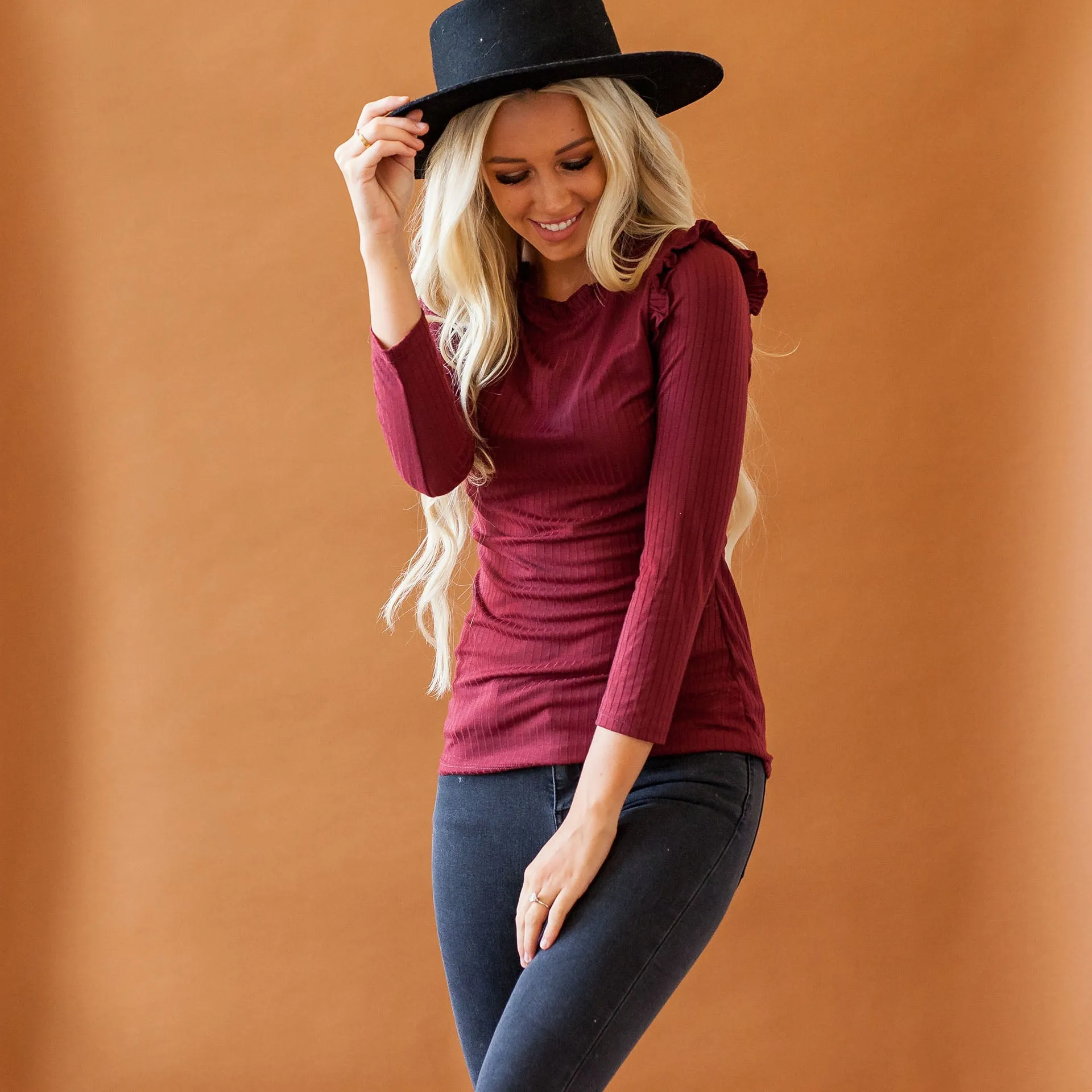 Ribbed Ruffle Mock Neck Top