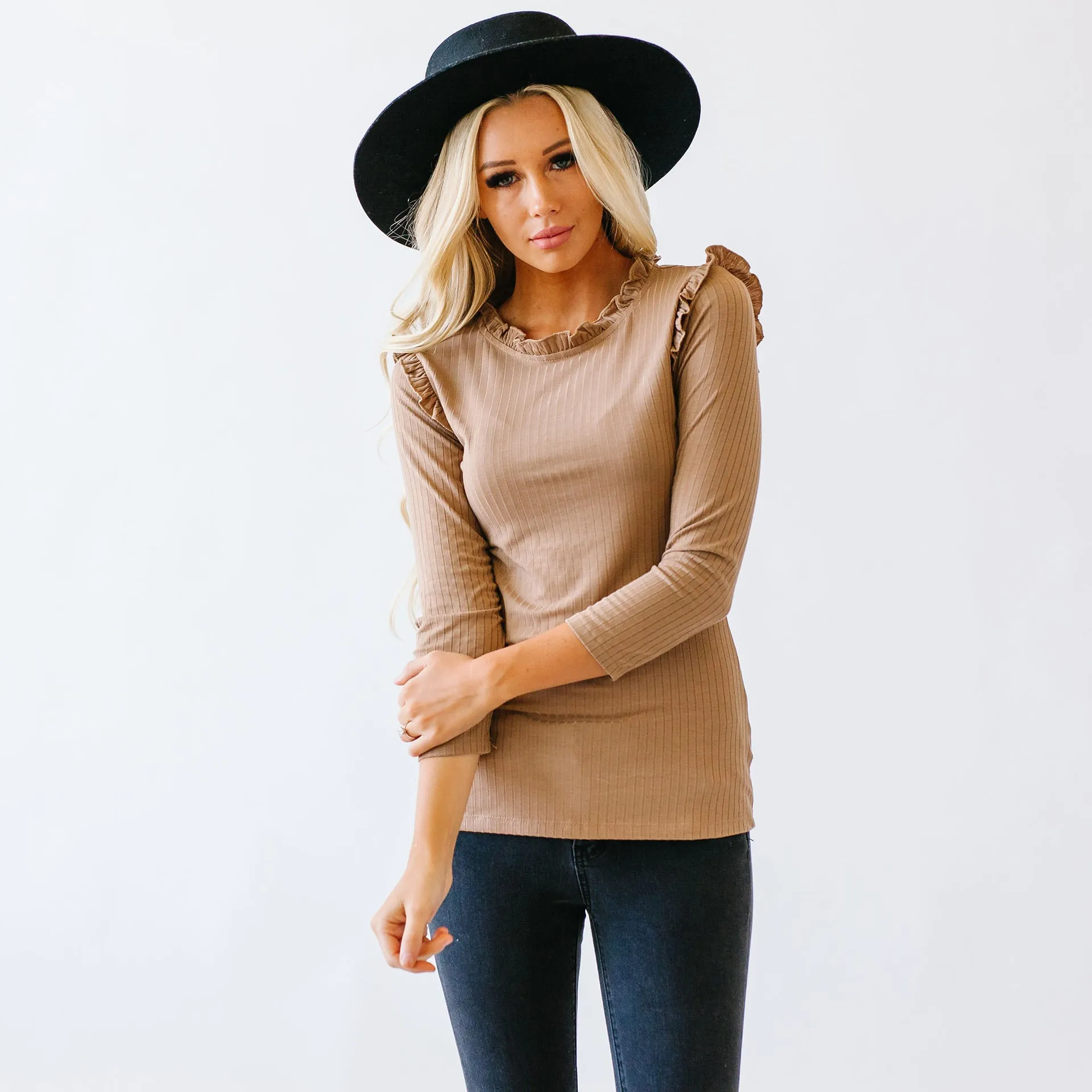 Ribbed Ruffle Mock Neck Top