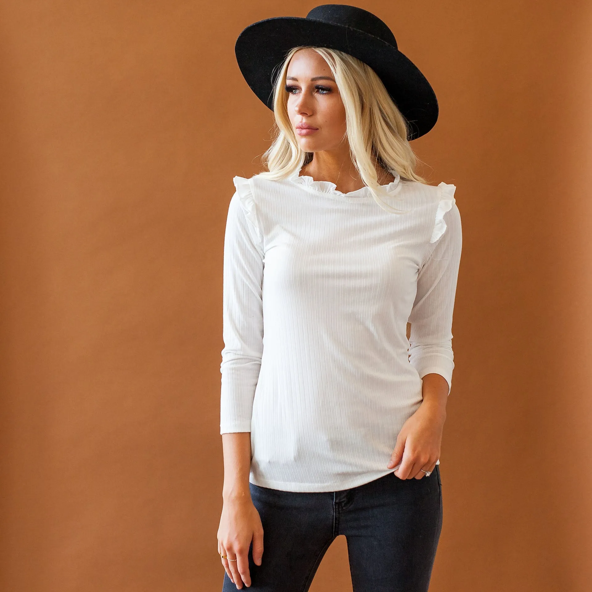 Ribbed Ruffle Mock Neck Top