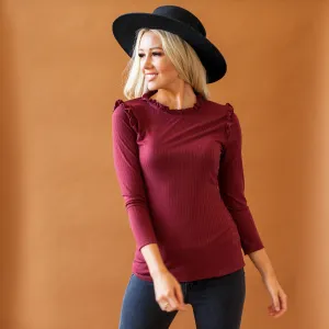 Ribbed Ruffle Mock Neck Top