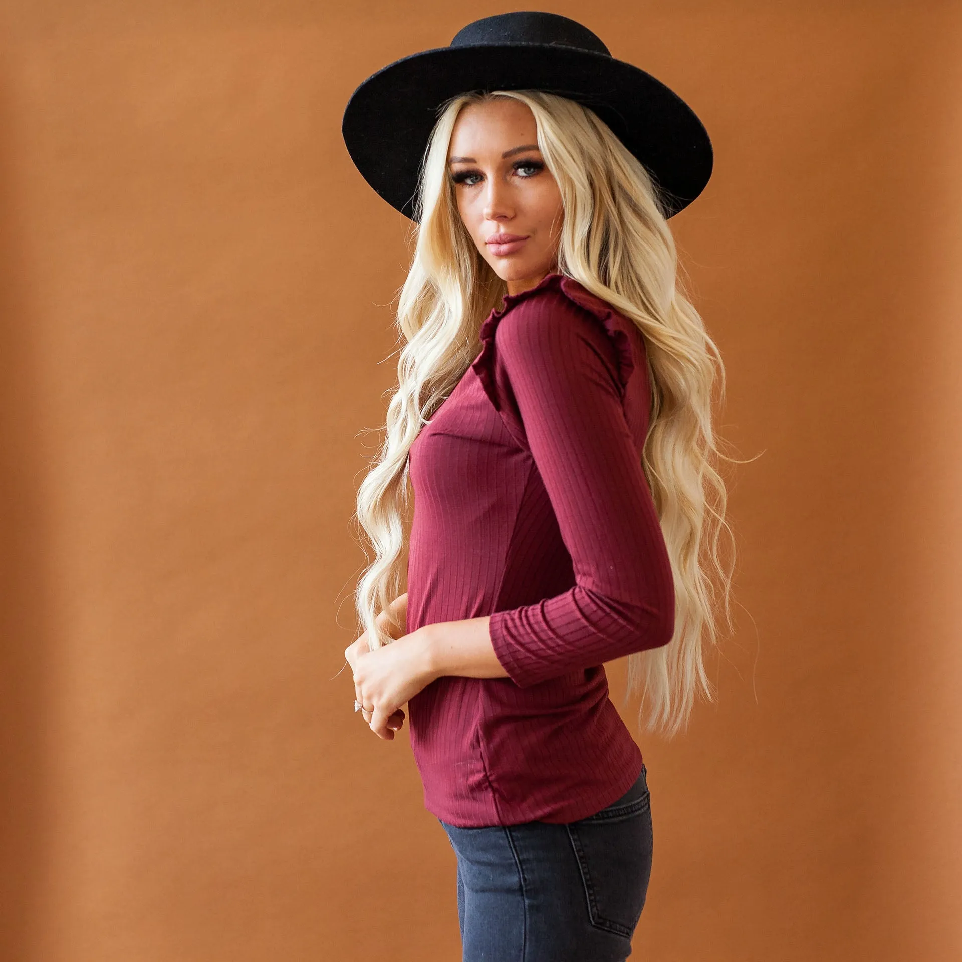 Ribbed Ruffle Mock Neck Top