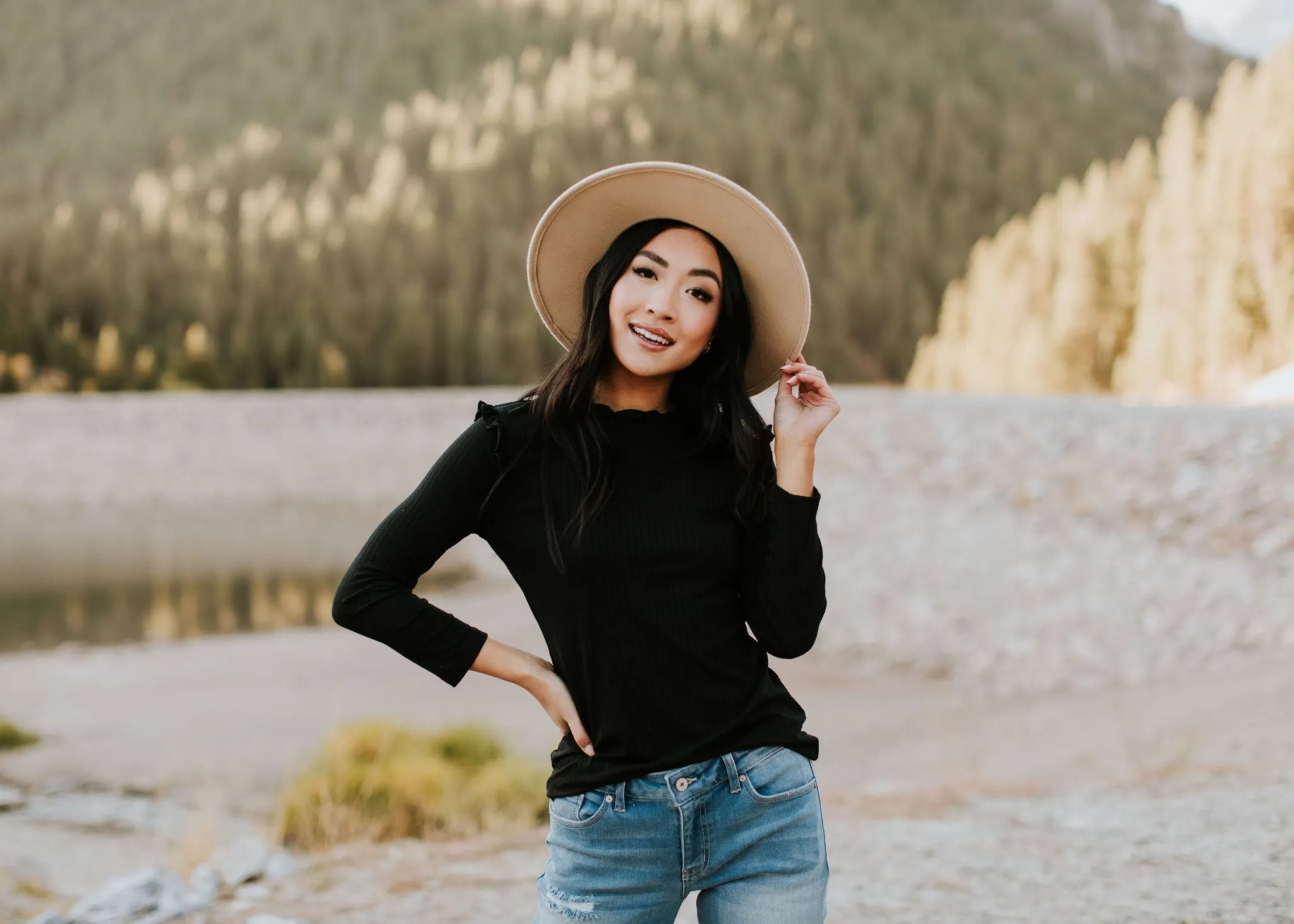 Ribbed Ruffle Mock Neck Top