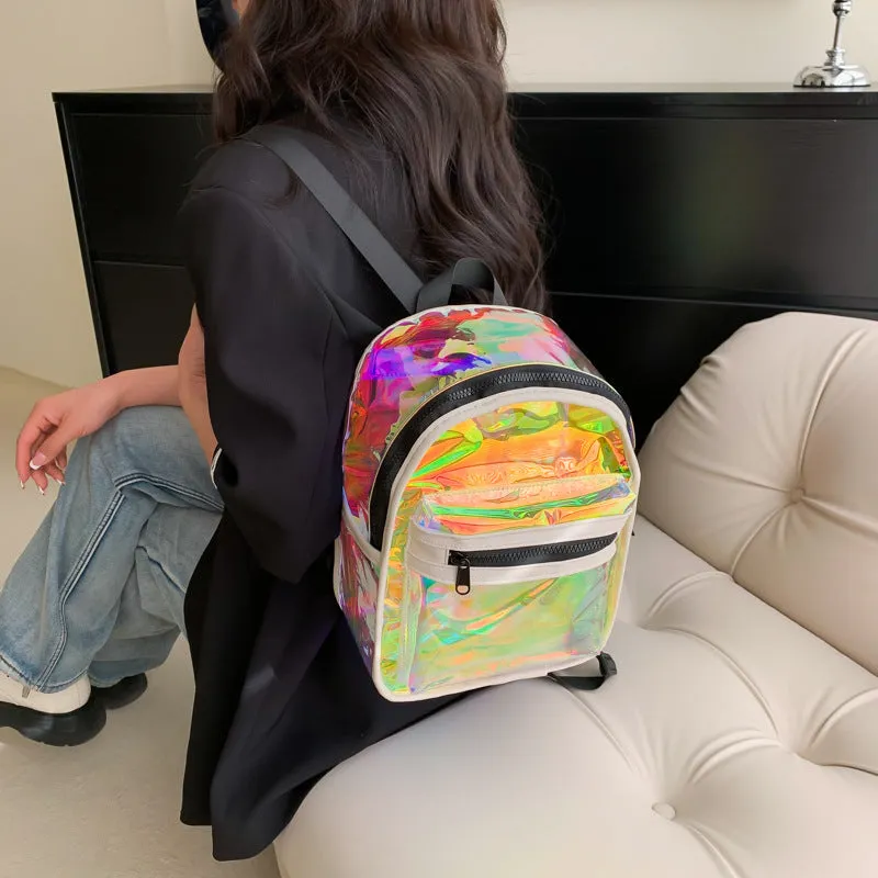Sohiwoo Women Transparent Laser Backpack Trendy Holographic Daypack Mini PVC School Bag For Travel