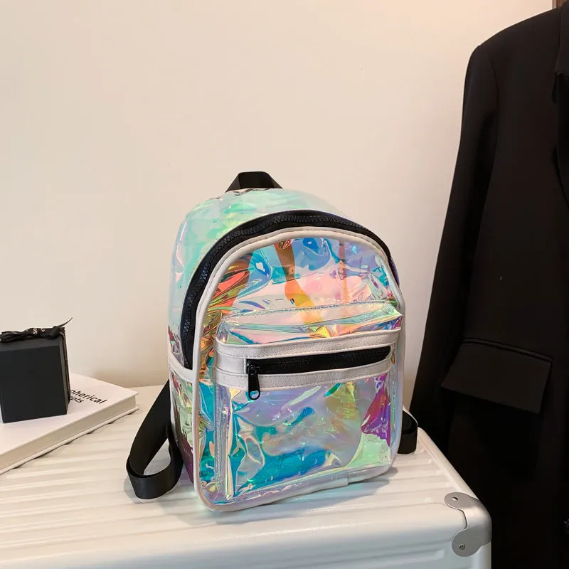 Sohiwoo Women Transparent Laser Backpack Trendy Holographic Daypack Mini PVC School Bag For Travel