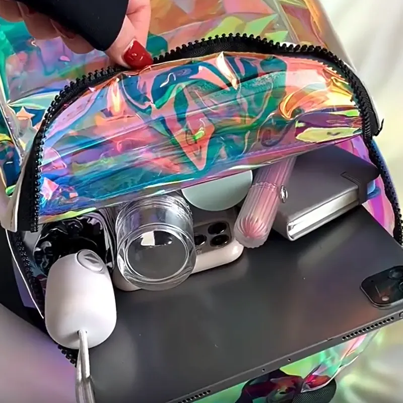 Sohiwoo Women Transparent Laser Backpack Trendy Holographic Daypack Mini PVC School Bag For Travel