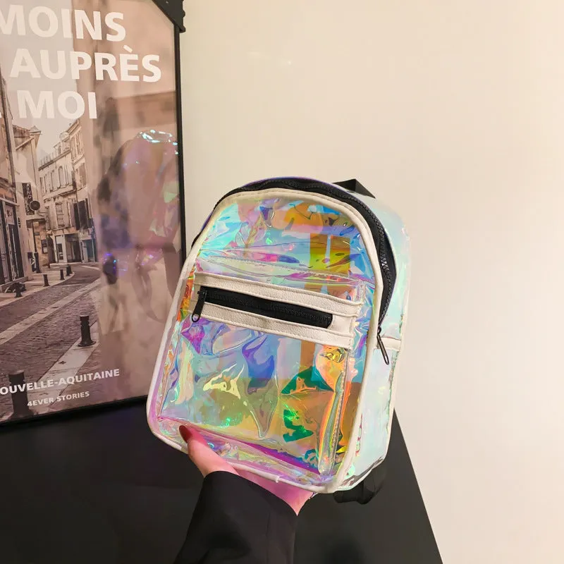 Sohiwoo Women Transparent Laser Backpack Trendy Holographic Daypack Mini PVC School Bag For Travel