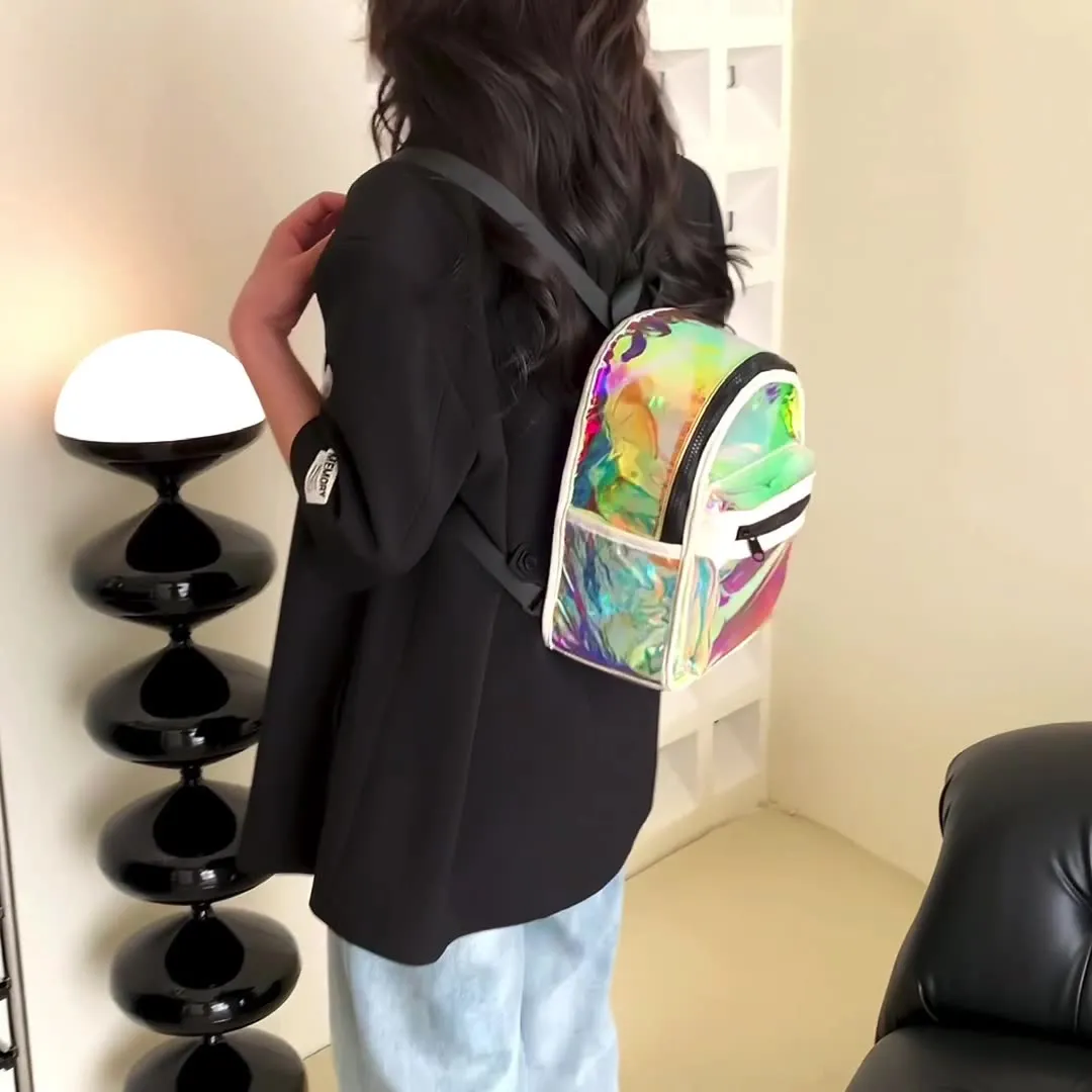 Sohiwoo Women Transparent Laser Backpack Trendy Holographic Daypack Mini PVC School Bag For Travel