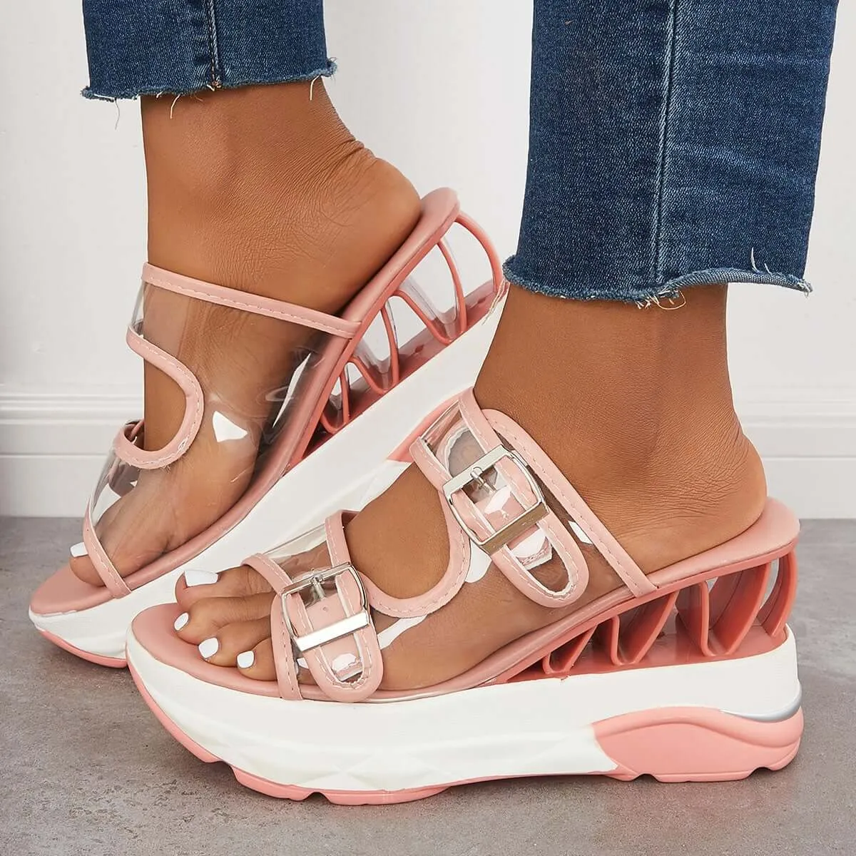 Sohiwoo  Women's Clear Slip On Wedge Sandals Double Buckle Slide Slippers