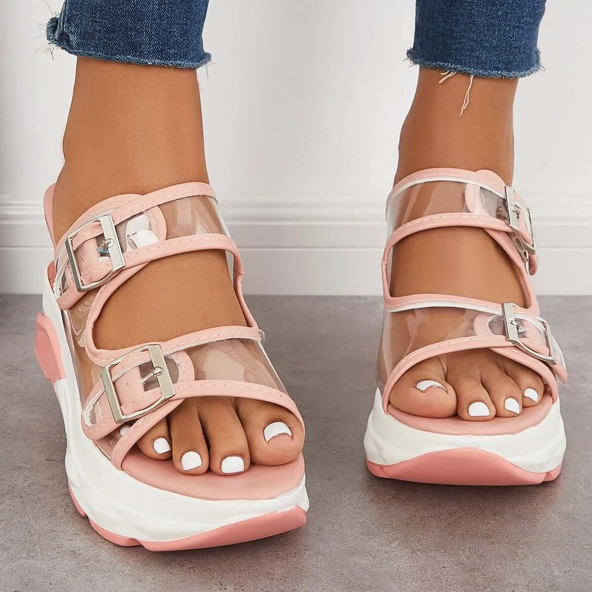 Sohiwoo  Women's Clear Slip On Wedge Sandals Double Buckle Slide Slippers