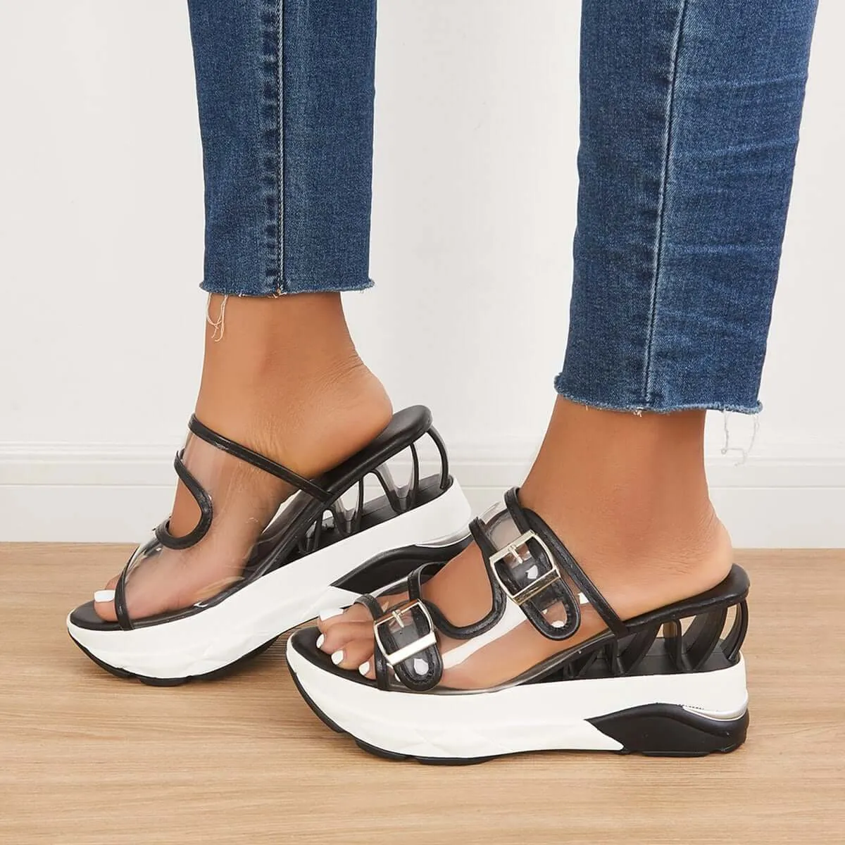 Sohiwoo  Women's Clear Slip On Wedge Sandals Double Buckle Slide Slippers