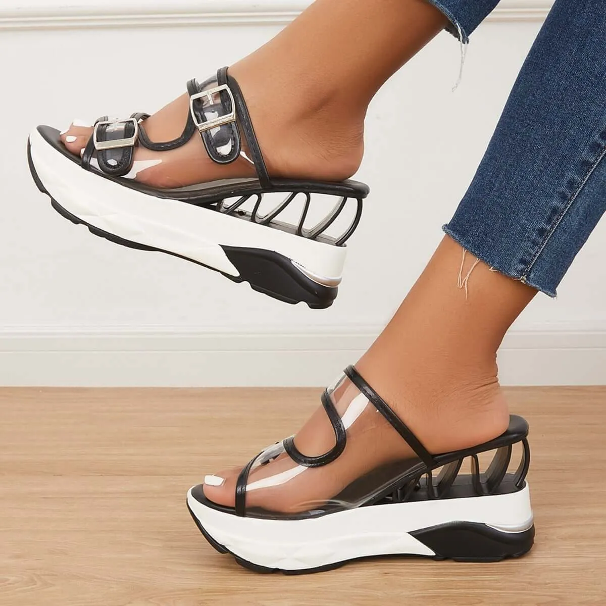 Sohiwoo  Women's Clear Slip On Wedge Sandals Double Buckle Slide Slippers