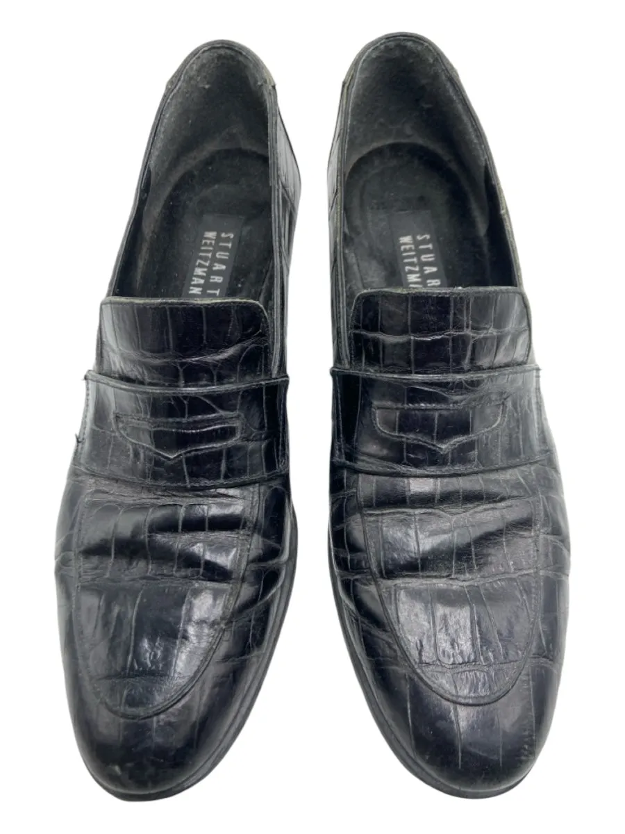 Stuart Weitzman Shoe Size 9 Black Croc embossed Penny Slot Round Toe Loafers