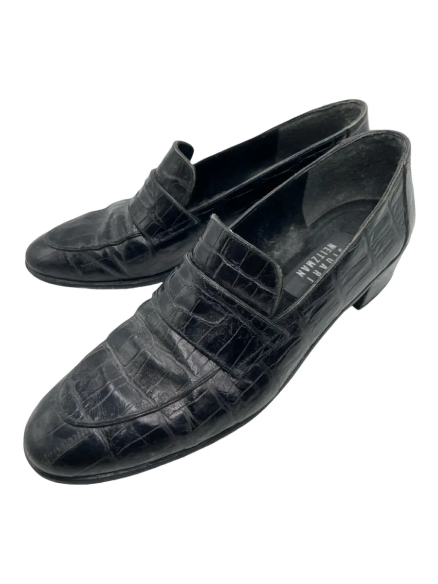 Stuart Weitzman Shoe Size 9 Black Croc embossed Penny Slot Round Toe Loafers