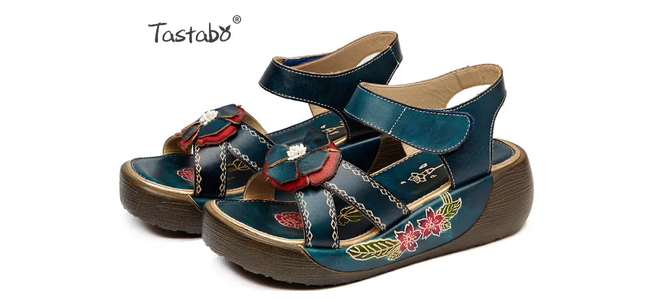 Tastabo Genuine Leather Gladiator Sandals Fashion Low Wedges Flower Summer Shoes
