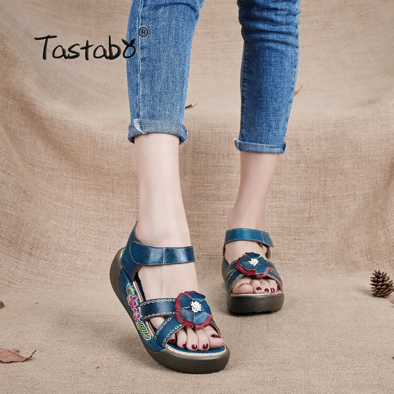 Tastabo Genuine Leather Gladiator Sandals Fashion Low Wedges Flower Summer Shoes