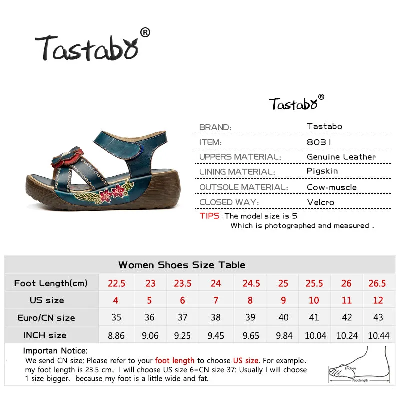 Tastabo Genuine Leather Gladiator Sandals Fashion Low Wedges Flower Summer Shoes