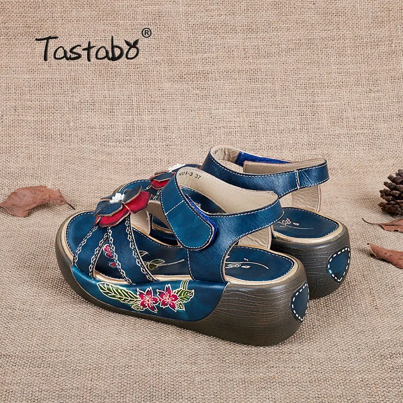 Tastabo Genuine Leather Gladiator Sandals Fashion Low Wedges Flower Summer Shoes