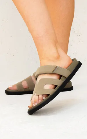 Taupe Gladiator Faux Suede Velcro Strap Flat Sandals