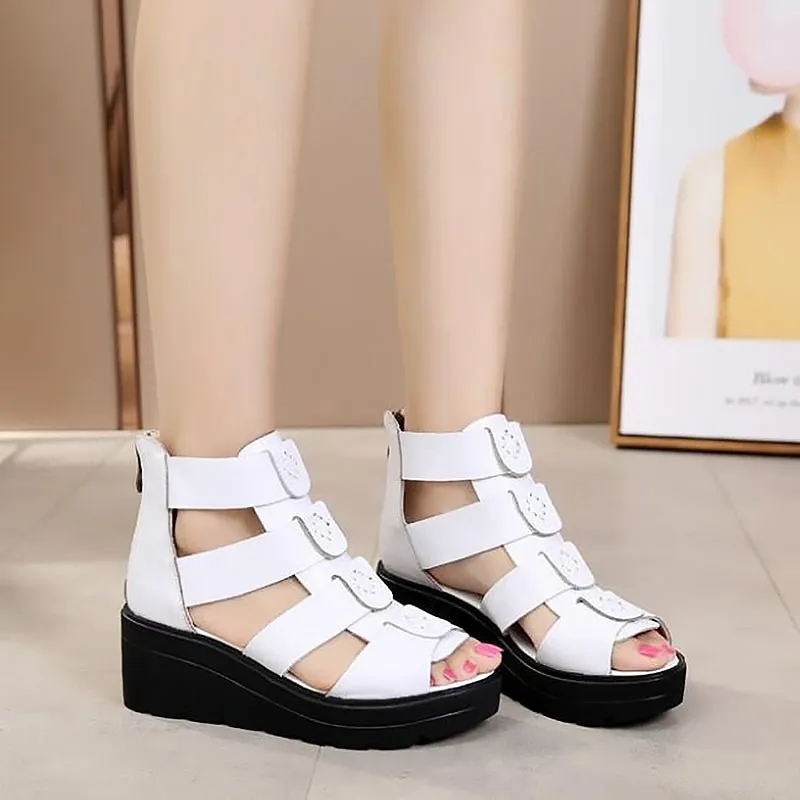 Thick Bottom Smooth Leather Roman Gladiator Platform Sandals