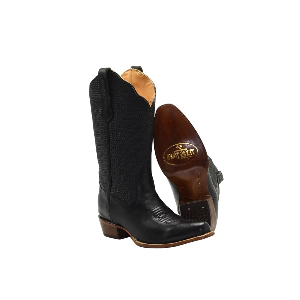 TT 302 Women Snip Toe Cowgirl Boots Black Plain Braided Tube