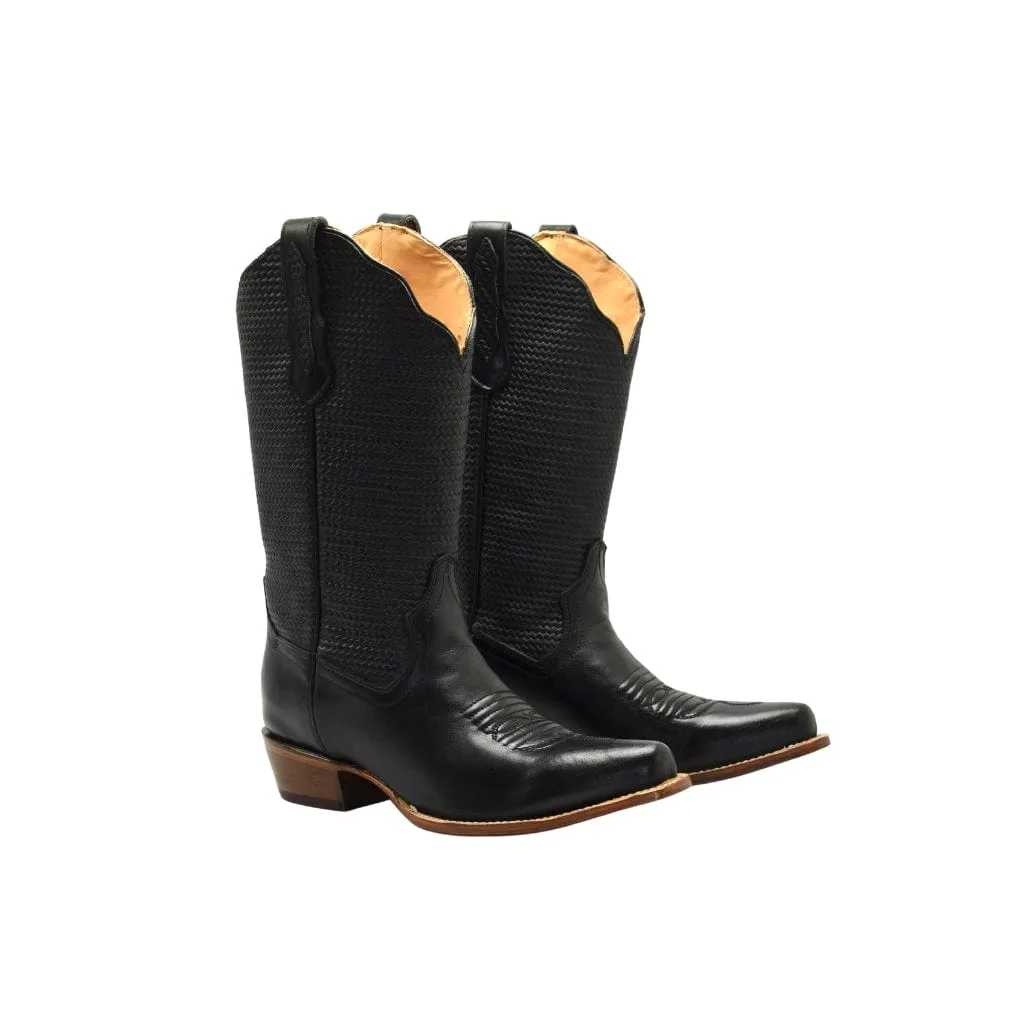 TT 302 Women Snip Toe Cowgirl Boots Black Plain Braided Tube