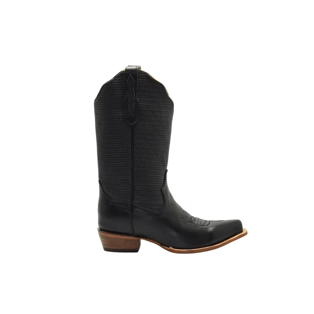 TT 302 Women Snip Toe Cowgirl Boots Black Plain Braided Tube