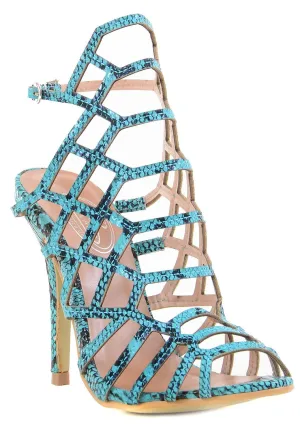 Turquoise Caged Gladiator Vegan Leather Women Heels Sandals