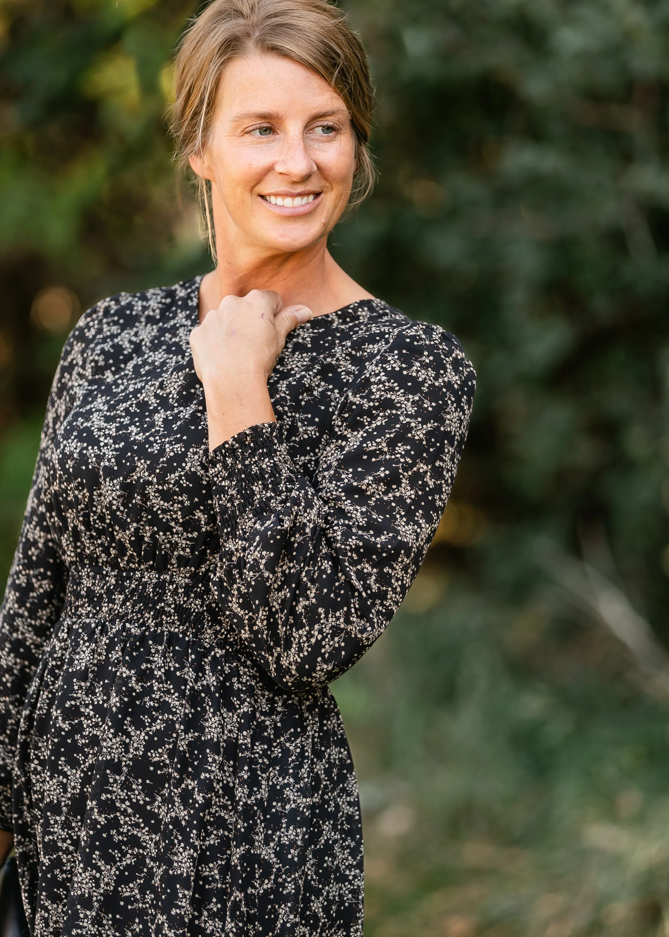 V-neck Black Printed Chiffon Dress