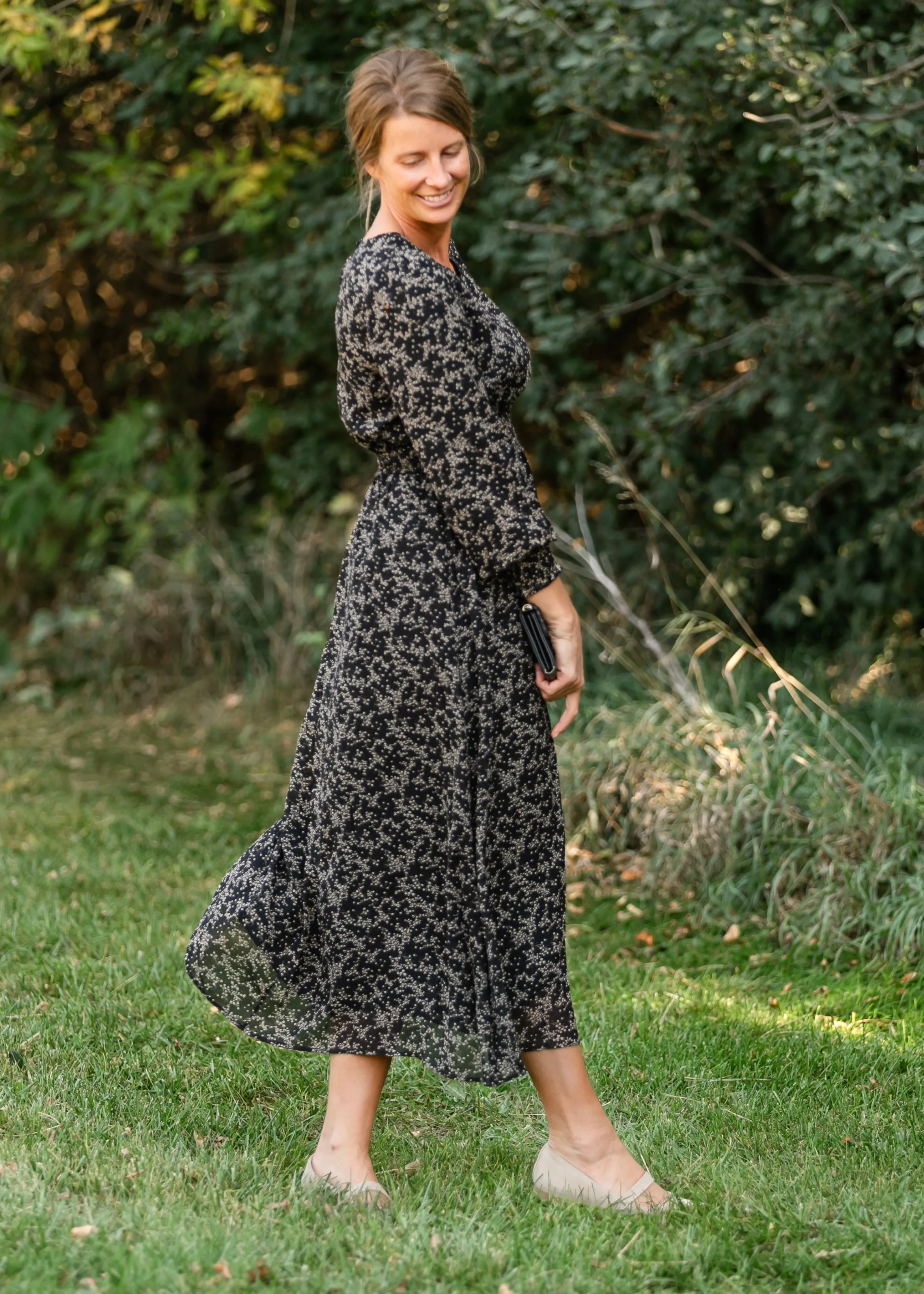 V-neck Black Printed Chiffon Dress