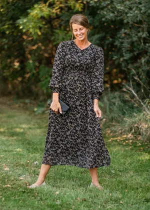 V-neck Black Printed Chiffon Dress