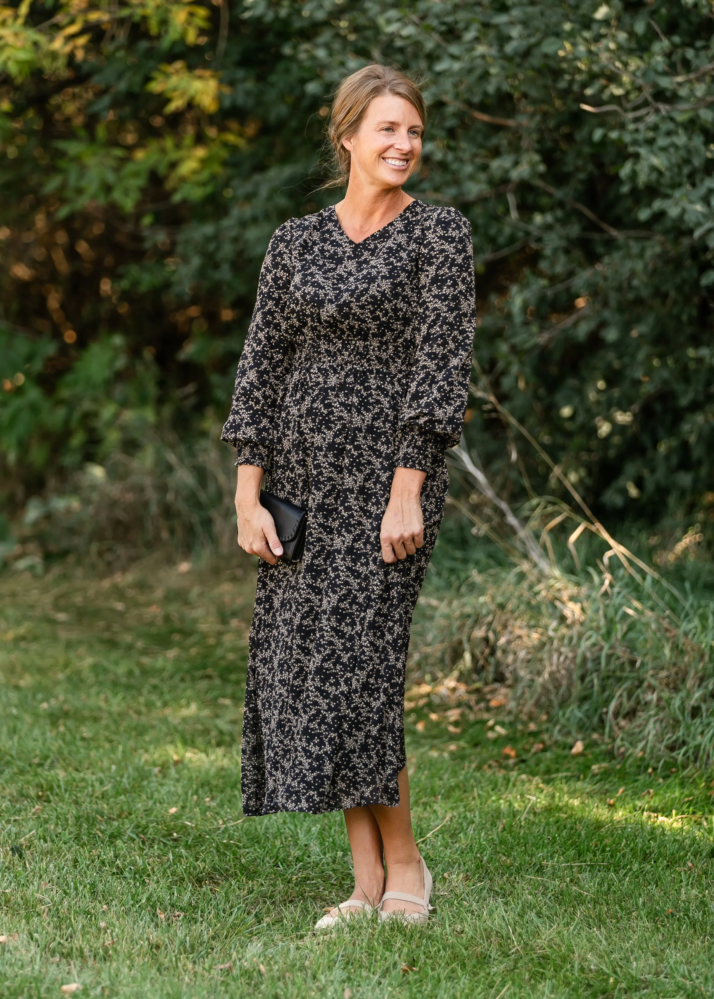 V-neck Black Printed Chiffon Dress